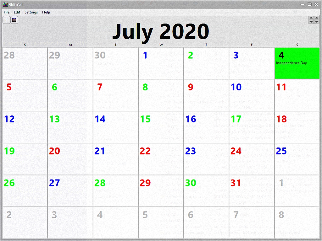 Monthly calendar with messages: July 2020